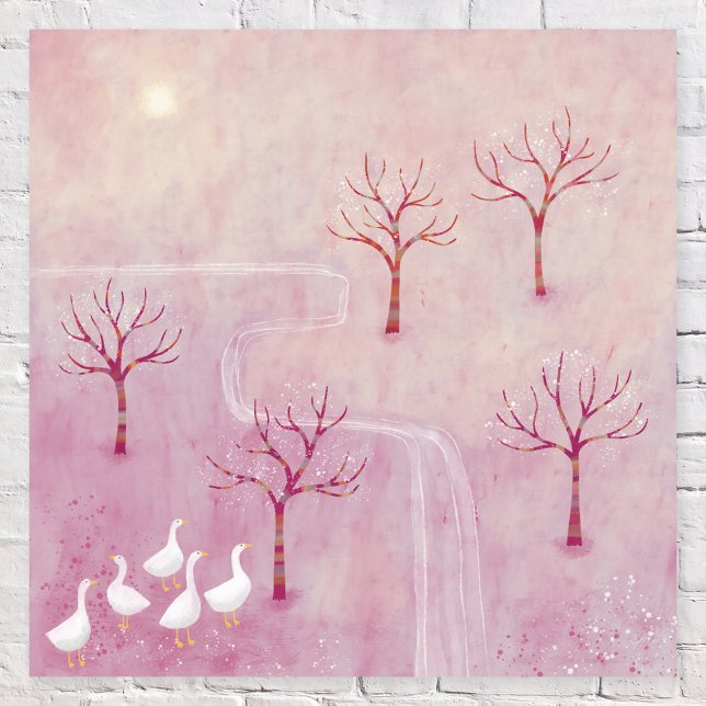 Rosa liggande målning poster (Modern pink orchard landscape with trees and geese by Nic Squirrell)