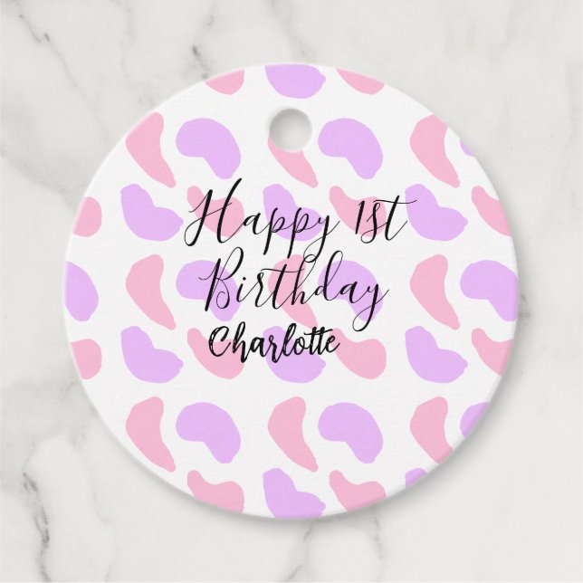Rosa lila abstrakt former lycklig 1:a födelsedag t gåvor etiketter (Framsida)