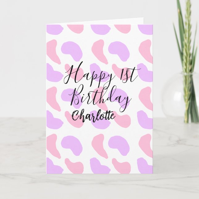 Rosa lila abstrakt former lycklig 1:a födelsedag t kort (Framsida)