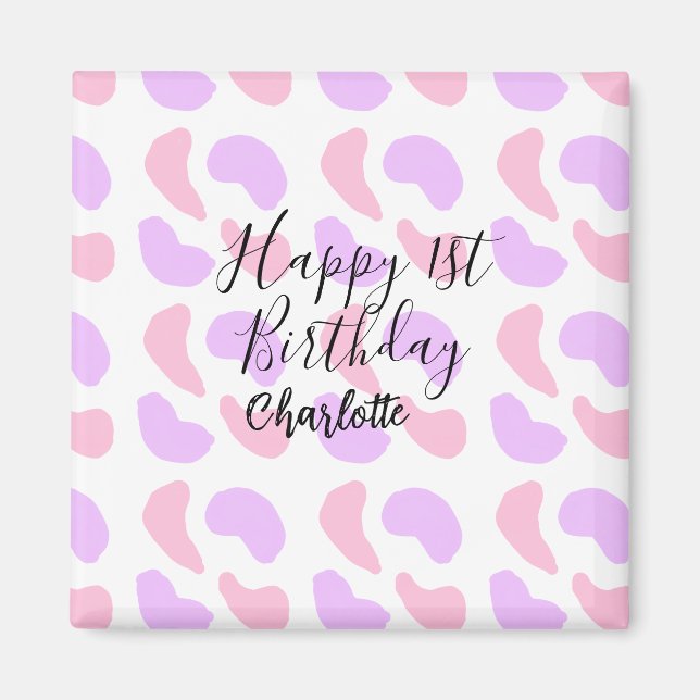 Rosa lila abstrakt former lycklig 1:a födelsedag t magnet (Framsidan)