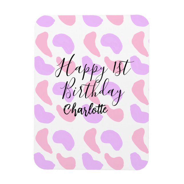 Rosa lila abstrakt former lycklig 1:a födelsedag t magnet (Vertikal)