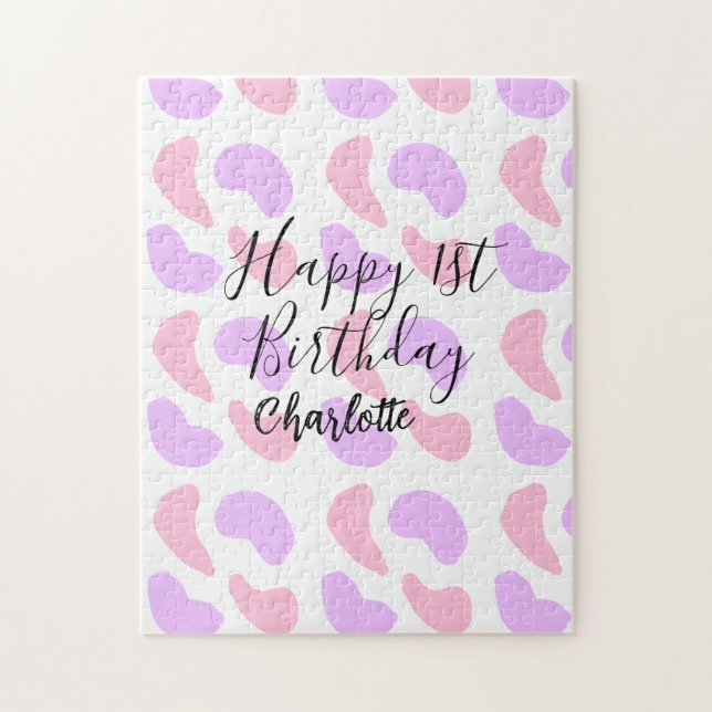 Rosa lila abstrakt former lycklig 1:a födelsedag t pussel (Vertikal)