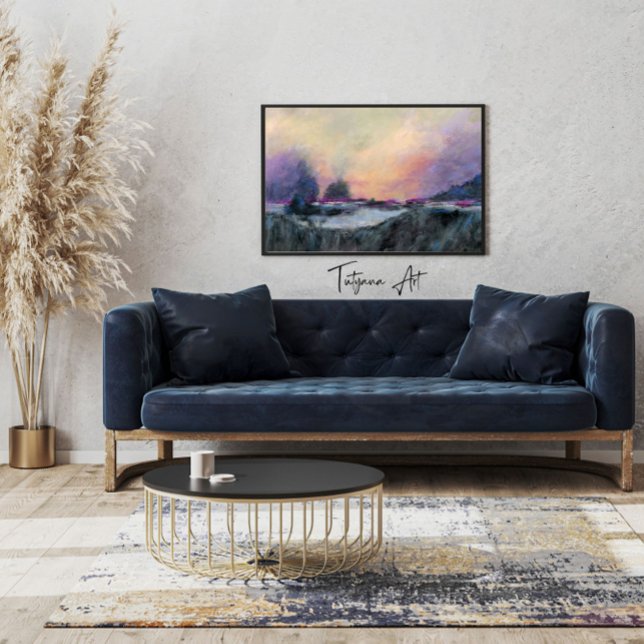 Rosa Lila Abstrakt liggande solnedgång Canvastryck (Pink Purple Abstract Landscape Sunset Canvas Print Wall Art)