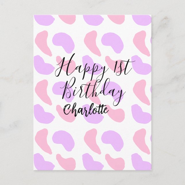 Rosa lila abstrakta former glad 1:a födelsedag na vykort (Framsida)