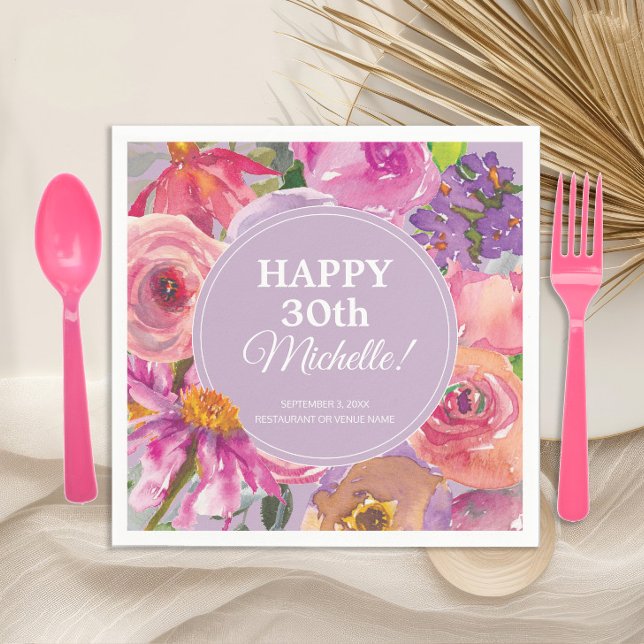 Rosa Lila Akvarell Blommig 30-års Födelsedag Pappersservett (Pink and purple watercolor floral 30th birthday party paper napkins)