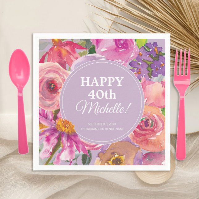 Rosa Lila Akvarell Blommig 40-årsdag Pappersservett (Pink and purple watercolor floral 40th birthday party paper napkins)