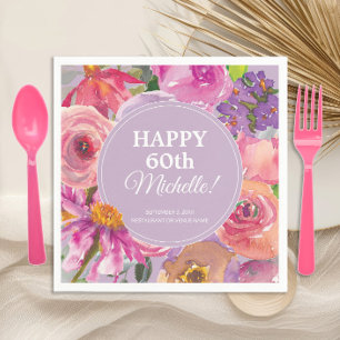 Rosa Lila Akvarell Blommig 60-årsdag Pappersservett