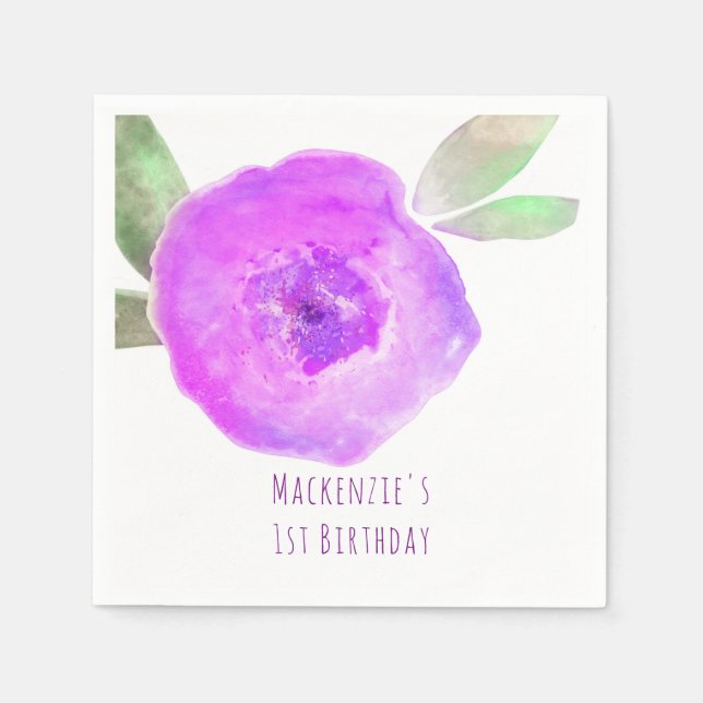 Rosa lila akvarell blomsterfödelsedagsfest pappersservett (Framsidan)