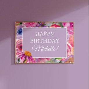 Rosa lila akvarell vilda blommor Glad födelsedag Poster
