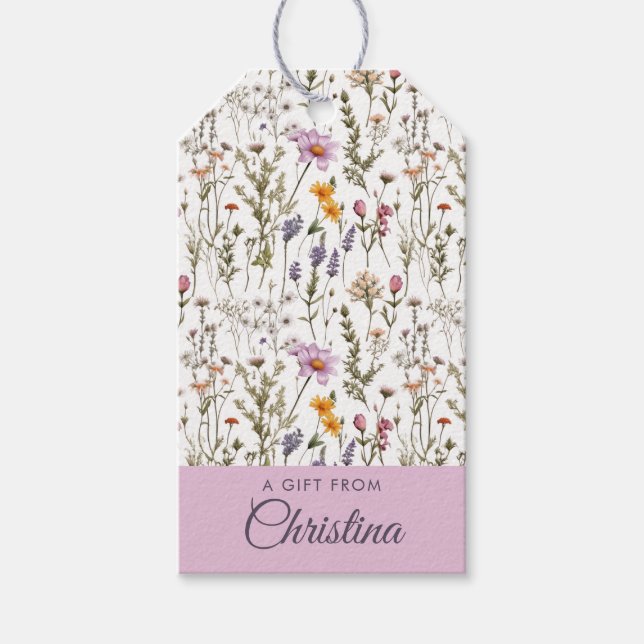 Rosa Lila Akvarell Vildblomma Initialer Namn Presentetikett (Framsidan)