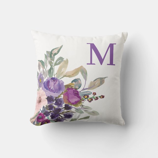 Rosa lila akvarellblomma Monogram Kudde (Framsida)