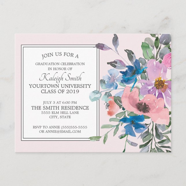 Rosa lila akvarellblommig examensfest vykort (Framsida)