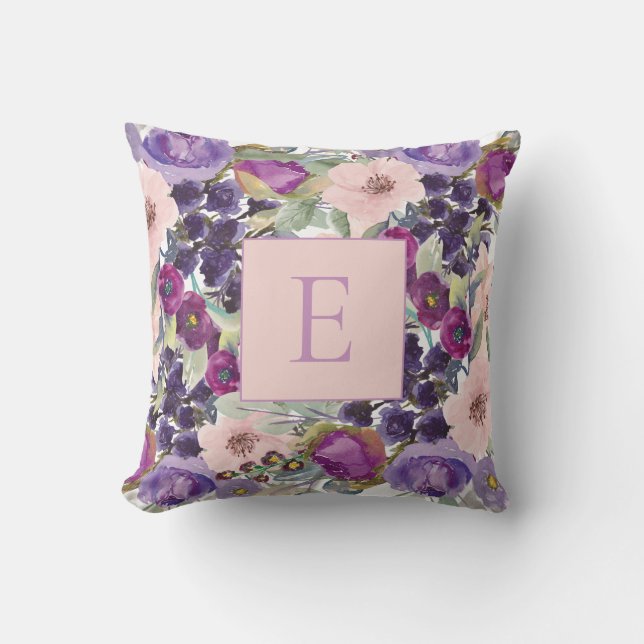Rosa lila akvarellblommig sagogrön monogram kudde (Framsida)