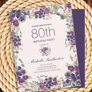 Rosa lila akvarellblommor 80-årsdag inbjudningar