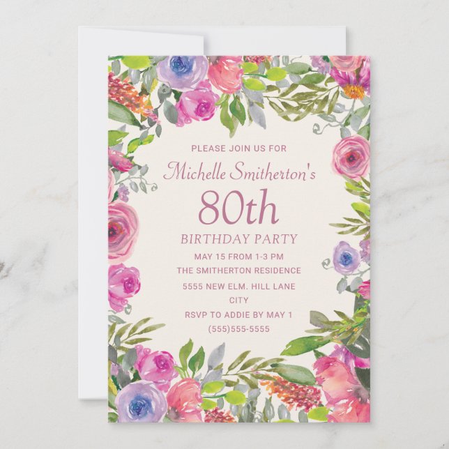 Rosa lila akvarellvildblommor 80-årsdag inbjudningar (Framsida)
