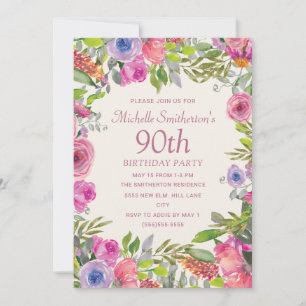Rosa lila akvarellvildblommor 90-årsdag inbjudningar