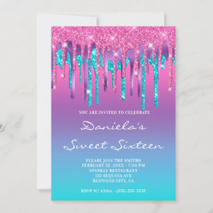 Rosa Lila Aqua Teal Gradient Dropp Sweet Sixteen Inbjudningar