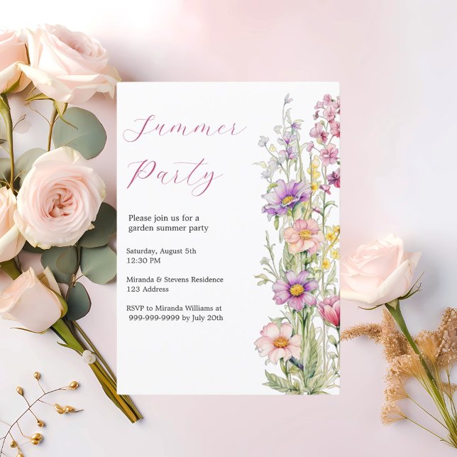 Rosa lila av sommarträdgårdblommor i party inbjudningar (Skapare uppladdad)