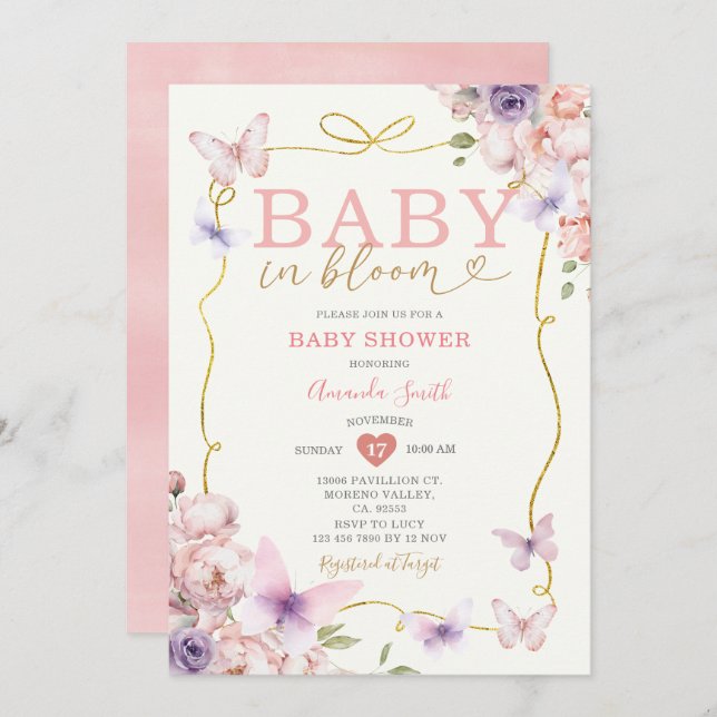 Rosa Lila Baby i Bloom Bow Girl Baby Shower Inbjudningar (Fram/baksida)
