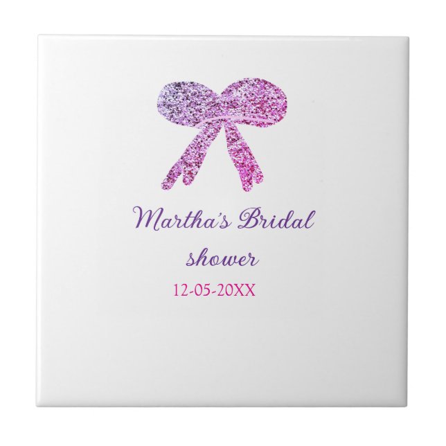 Rosa lila båge glitter gnista bröllopsdusch namn kakelplatta (Framsidan)