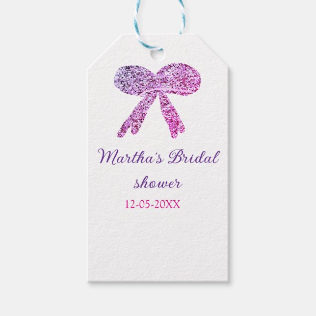 Rosa lila båge glitter gnista bröllopsfest namnet presentetikett (Framsidan)