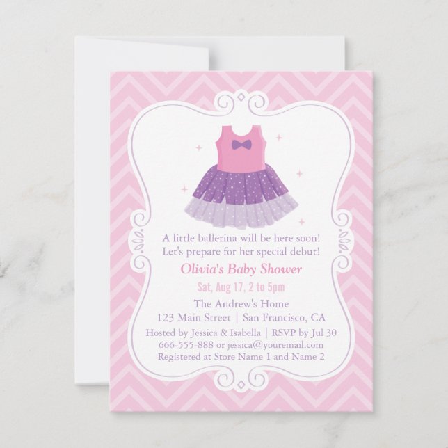 Rosa Lila Ballerina Tutu Dress Girl Baby Shower Inbjudningar (Framsida)