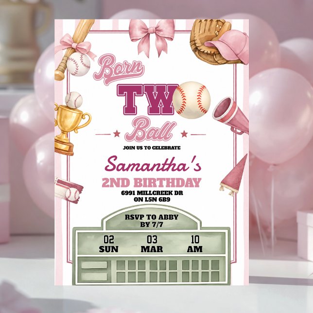Rosa Lila Baseball Tema Född Två Boll Födelsedag Inbjudningar (Skapare uppladdad)