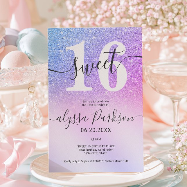 Rosa Lila Blå Falskt Glitter Sweet 16 Inbjudningar (Pink Purple Blue Faux Glitter Sweet 16 Invitation)