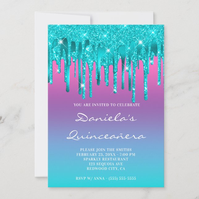 Rosa Lila Blå Gradient Teal Dropp Quinceañera Inbjudningar (Framsida)