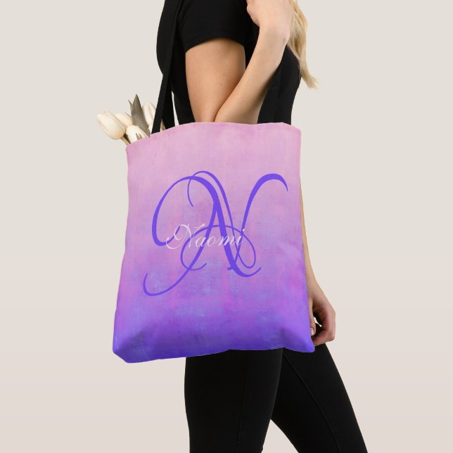 Rosa Lila Blå stilren rustic monogram Tygkasse (Närbild)
