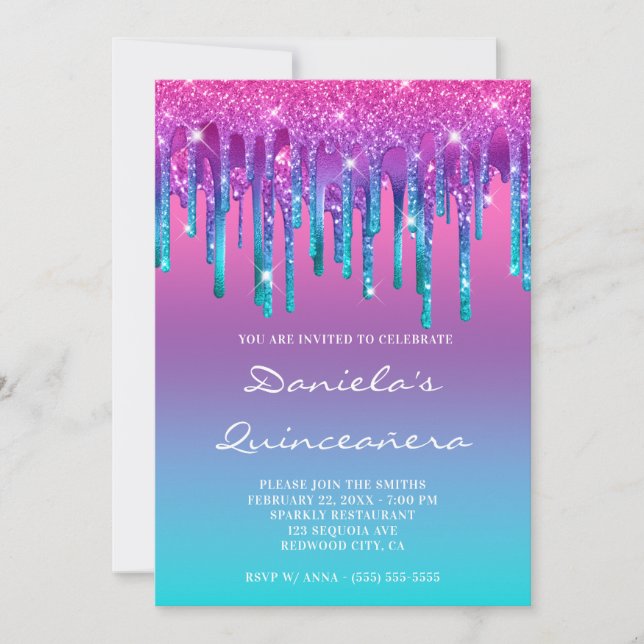 Rosa Lila Blå Teal Dropp Gradient Quinceañera Inbjudningar (Framsida)
