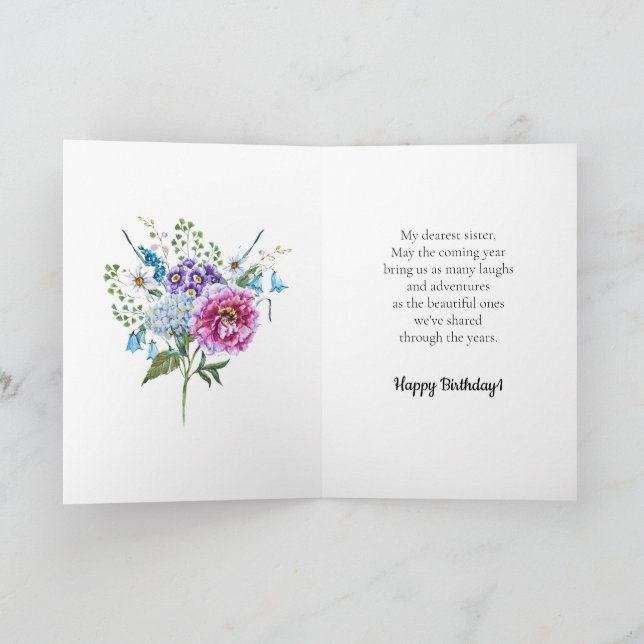 Rosa Lila Blåa blommor Grattis på födelsedagen Sis Kort (Inuti)