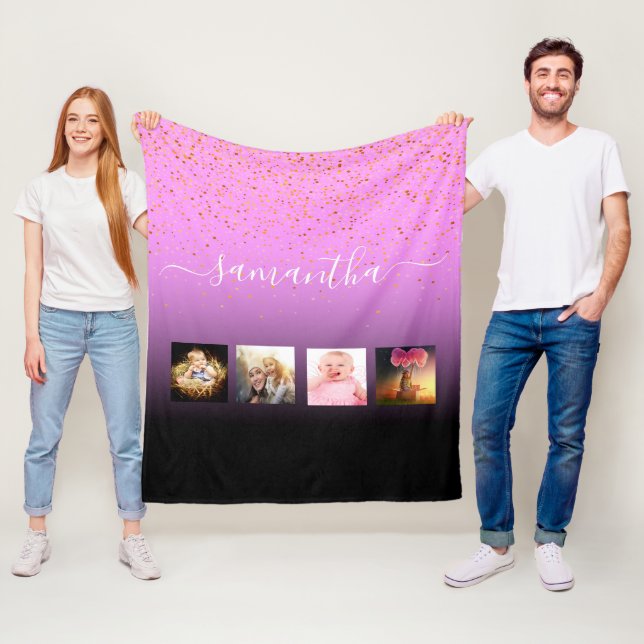 Rosa lila Black collage namn-skript Fleecefilt (På plats)