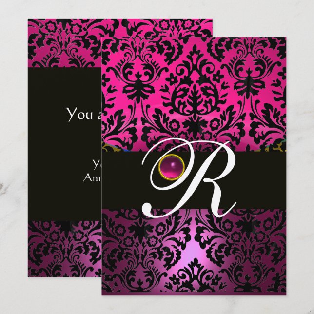 ROSA LILA BLACK DAMASK MONOGRAM Amethyst Fuchsia Inbjudningar (Fram/baksida)