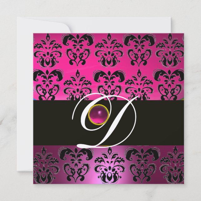 ROSA LILA BLACK DAMASK MONOGRAM Amethyst Fuchsia Inbjudningar (Framsida)