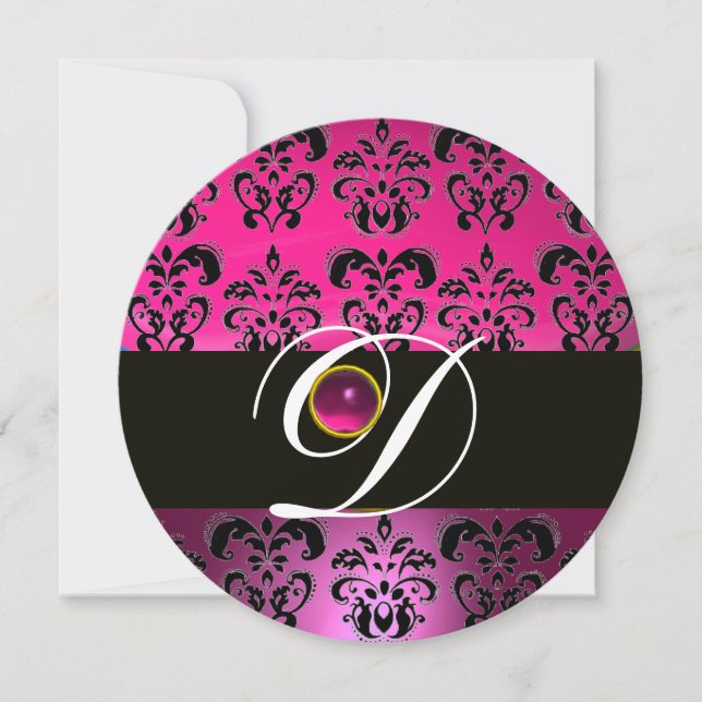 ROSA LILA BLACK DAMASK MONOGRAM Amethyst Fuchsia Inbjudningar (Framsida)