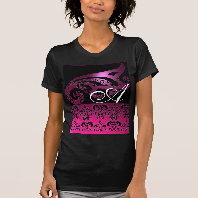ROSA LILA BLACK DAMASK MONOGRAM, vit, fuchsia T-shirt (Framsida)