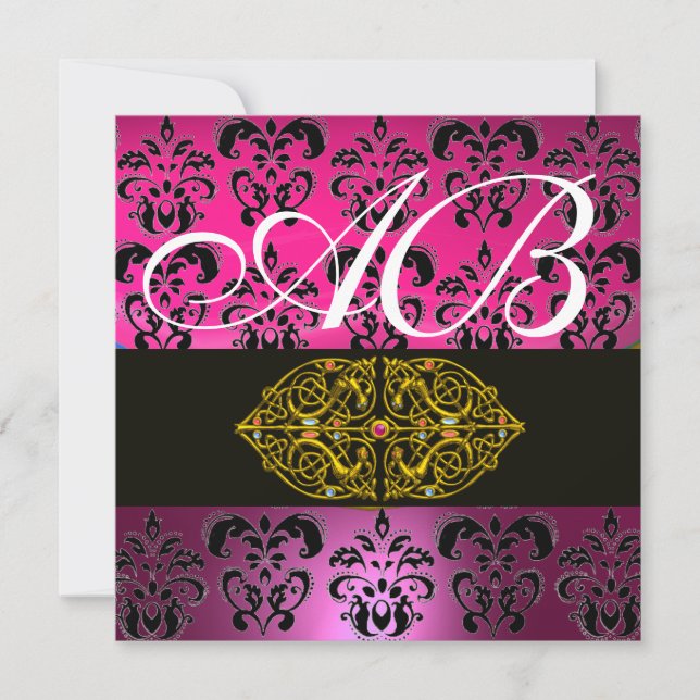 ROSA LILA BLACK DAMASK MONOGRAM, vit Inbjudningar (Framsida)