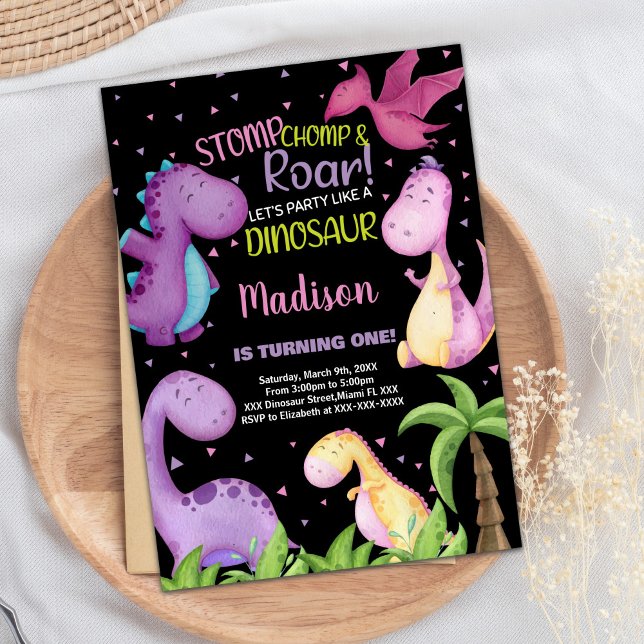 Rosa Lila Black Dinosaur Birthday-inbjudan Inbjudningar (Pink Purple Black Dinosaur Birthday Invitations)