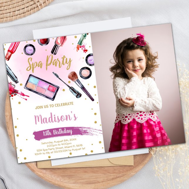 Rosa Lila Black Glitter Photo Spa Birthday Inbjudningar (Pink Purple Black Glitter Photo Spa Birthday Invitation)