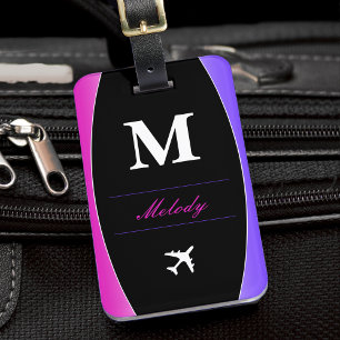 Rosa Lila & Black Namn Monogram Bagagebricka