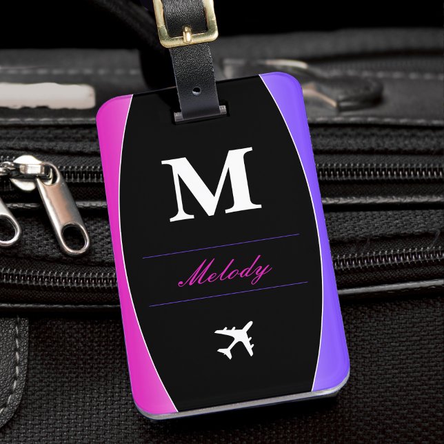 Rosa Lila & Black Namn Monogram Bagagebricka (pink purple and black monogram airplane pilot luggage tag)