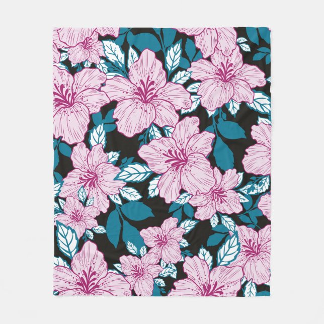 rosa lila bläckblomma blå löv svart bakgrund fleecefilt (Framsidan)