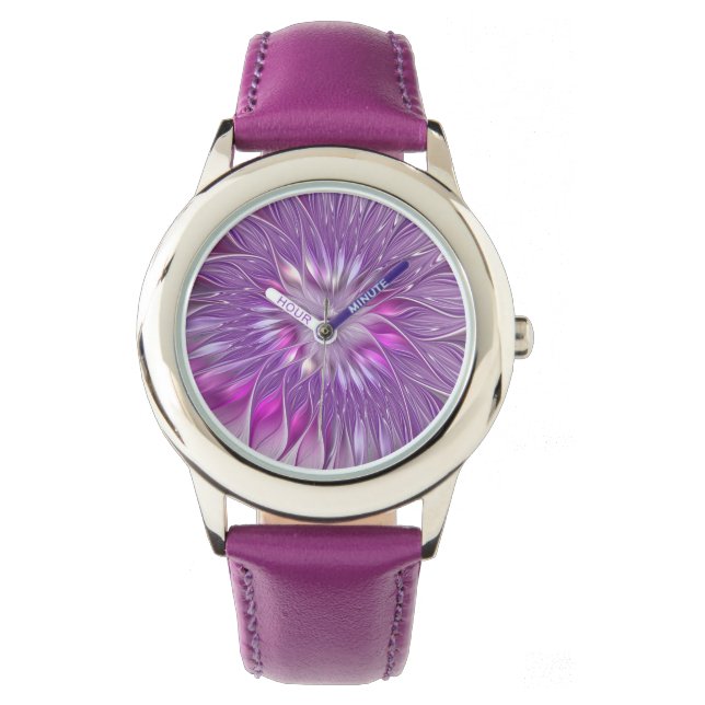 Rosa lila blomma passion abstrakt fraktal konst armbandsur (Framsida)