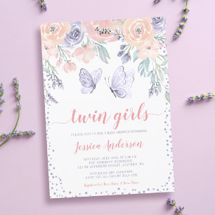 Rosa lila blommande fjäril tvilling flicka baby sh inbjudningar