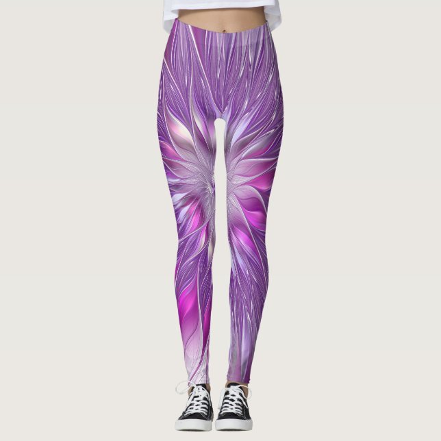 Rosa Lila Blommens passion Abstrakt Fractal Art Leggings (Framsida)