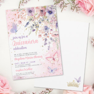 Rosa lila blommig fjäril Quinceanera Inbjudningar