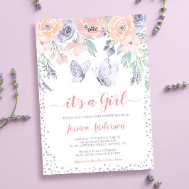 Rosa lila blommig fjärilsflicka baby shower inbjudningar
