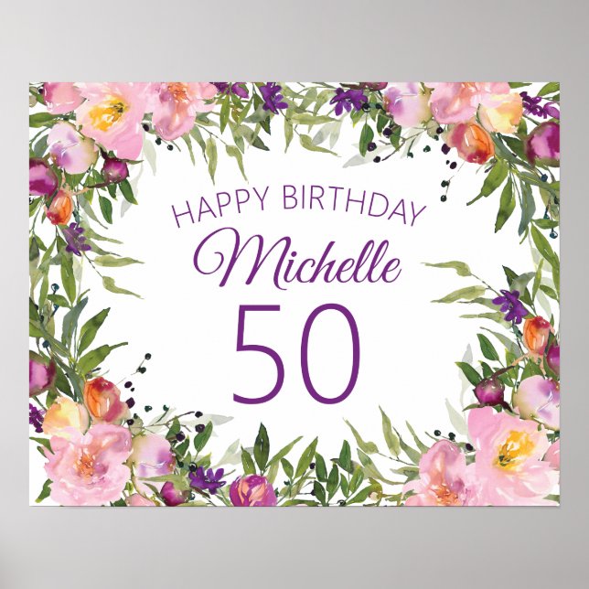 Rosa lila blommig gröna blad 50-årsdag poster (Framsidan)