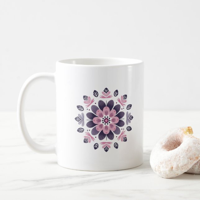 Rosa & Lila Blommig Mandala - Skandinavisk Kaffemugg (Med munk)